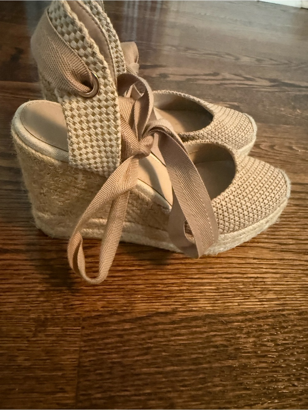 Neutral Lace-Up Espadrille Wedge Sandals - Women's Beige